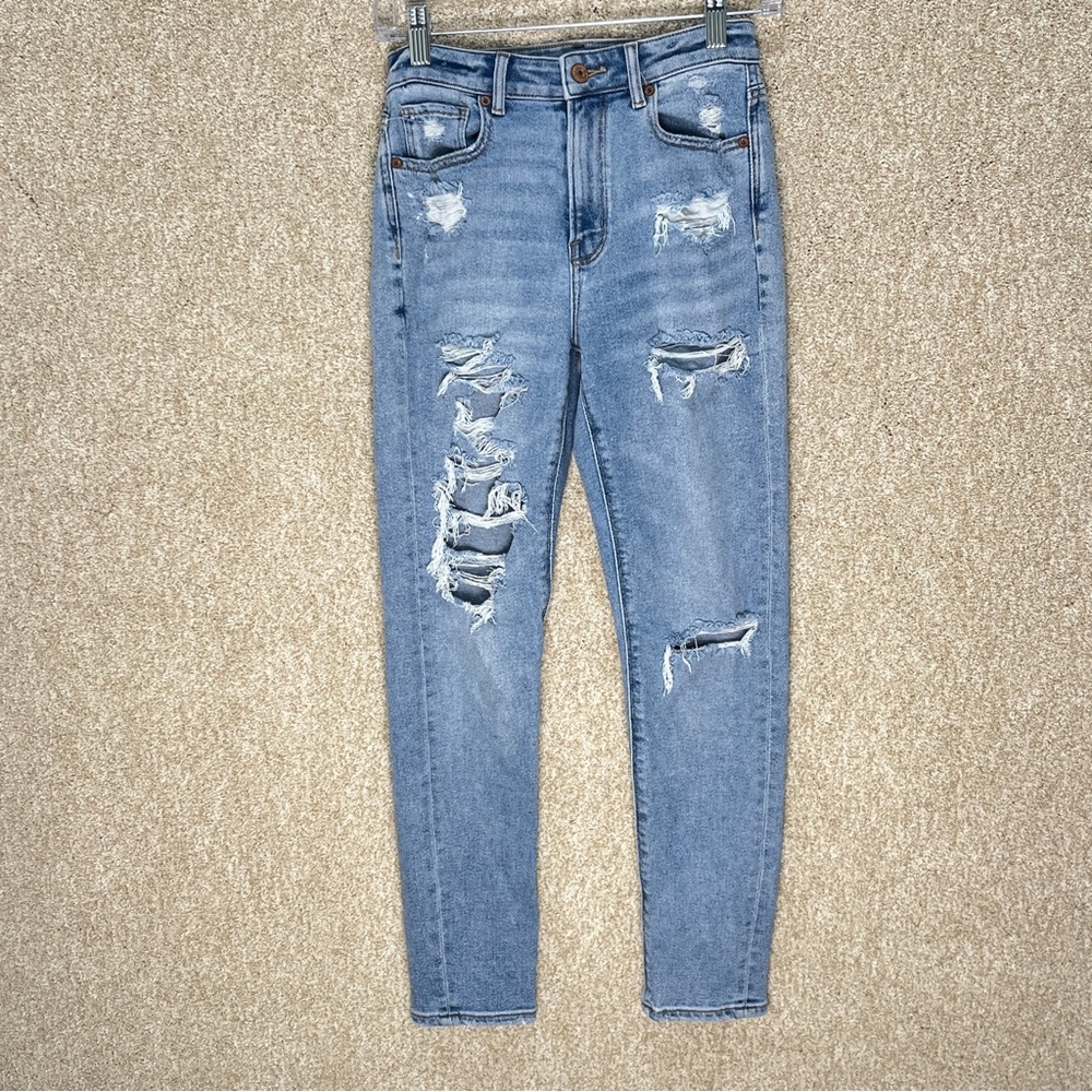 American Eagle Mom Jeans distressed size 00 regular juniors denim cotton‎ blend